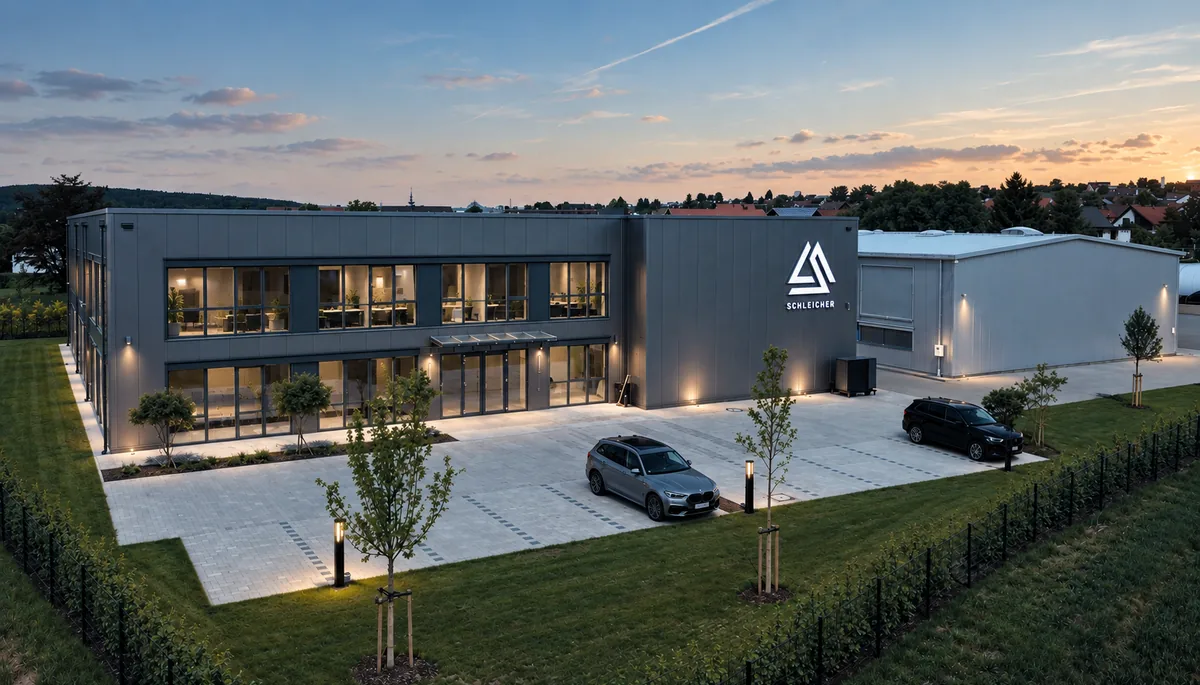 Firmengebäude der Ludwig Schleicher Anlagenbau in Pressath am Abend